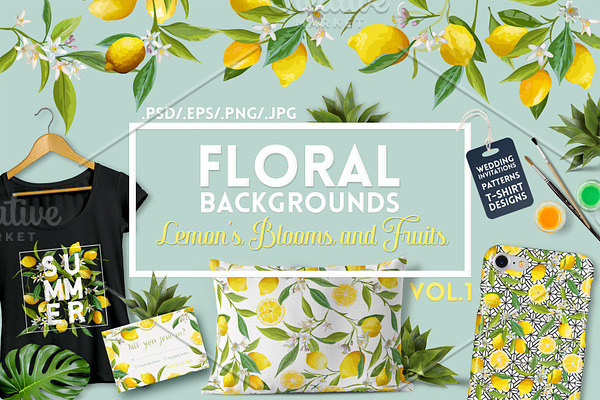 Watercolor Floral Design Set Lemons