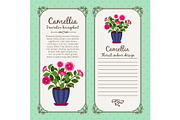 Vintage label with potted flower camellia