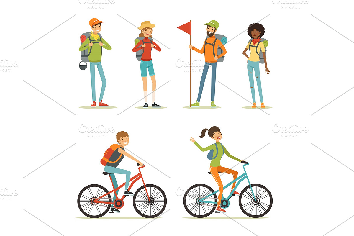 Family tourism. People hiking. Young people travelling. Cartoon illustration of camping in Graphics - product preview 8