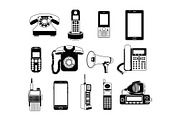 Silhouette of telephones and smartphones. Vector monochrome pictures