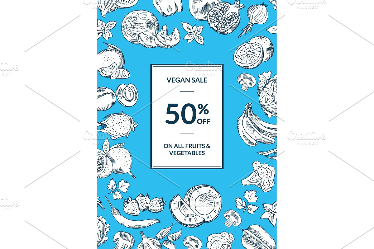 Vector vegan shop sale vertical background with handdrawn fruits and vegetables in Graphics - product preview 8