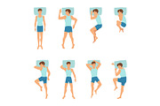 Different positions of sleeping man. Top view vector illustrations