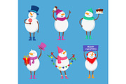 Funny snowmen in different action poses. Cute winter characters for christmas happy holidays
