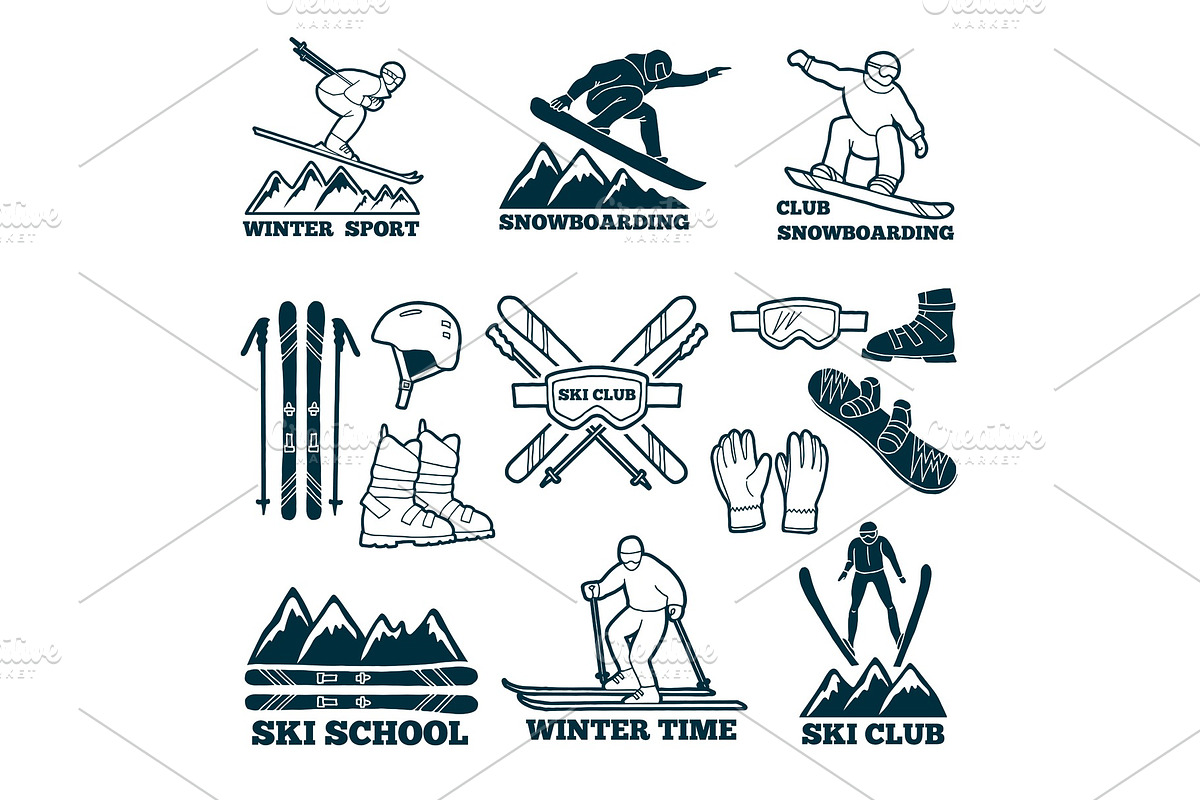 Labels set for club of skier. Silhouette of ski sportsmen. Symbols of winter sport for logos design in Graphics - product preview 8