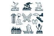 Labels set for club of skier. Silhouette of ski sportsmen. Symbols of winter sport for logos design