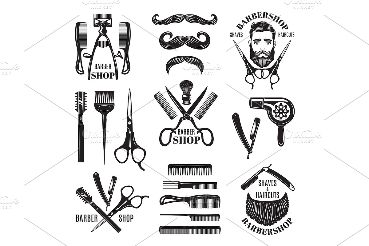 Illustrations set of different barber shop tools. Symbols for badges and labels in Graphics - product preview 8