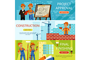 Concept pictures of construction steps. Project of building. Different worker equipment. Engineers and builders