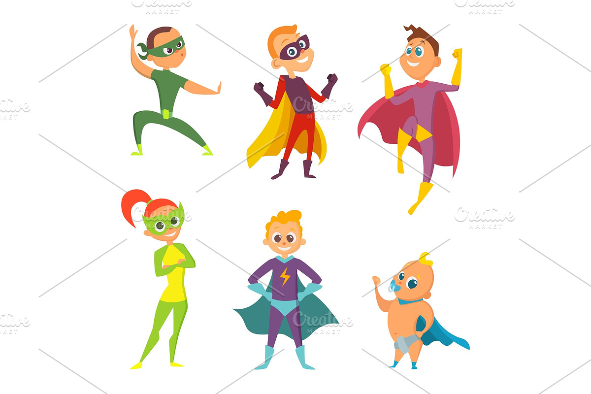 Costume of superheroes kids. Cartoon illustrations of children in action poses in Graphics - product preview 8
