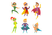 Costume of superheroes kids. Cartoon illustrations of children in action poses