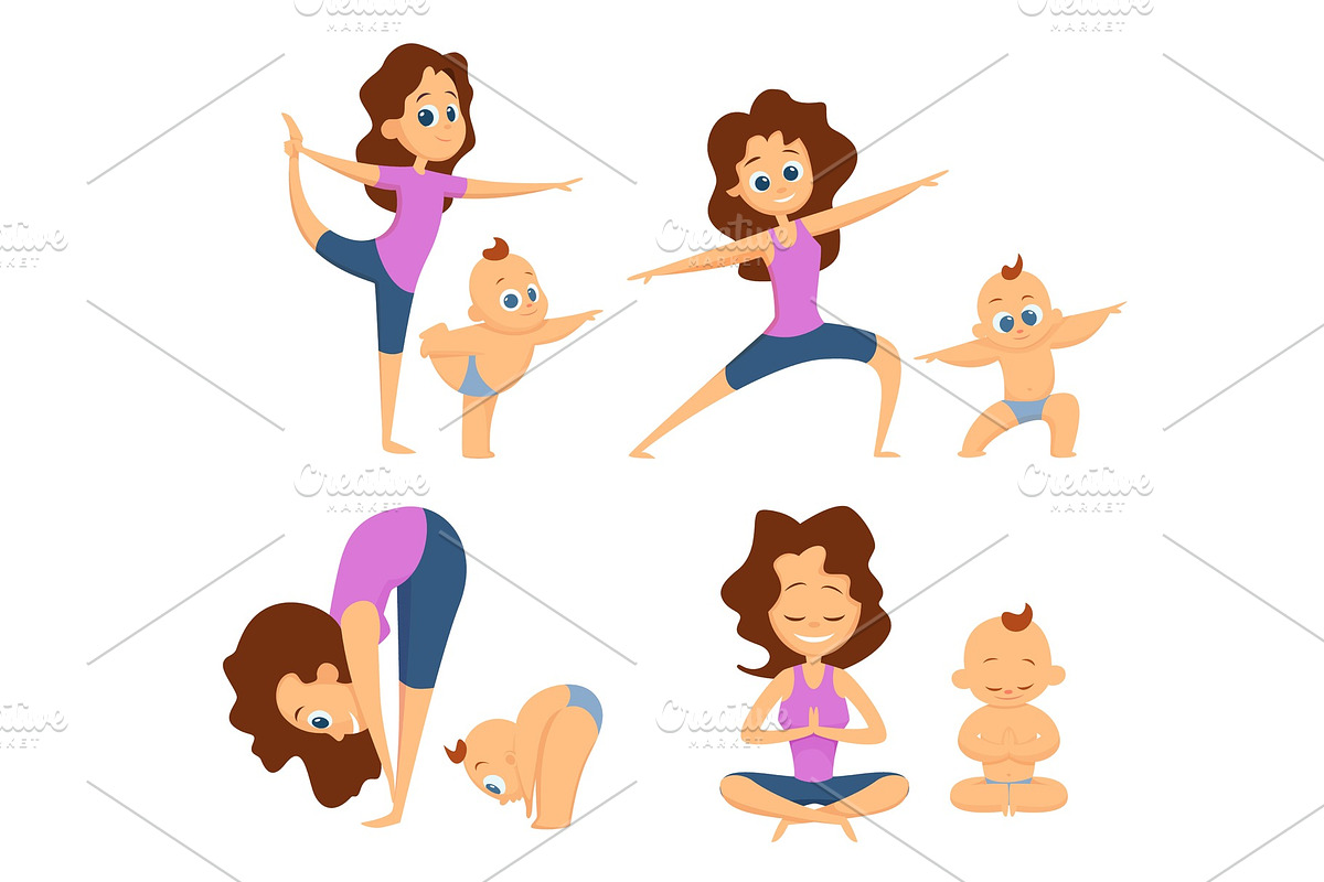 Baby yoga. Mutual exercises with mother and her baby. Different poses and exercises for beginners. Cartoon characters in Graphics - product preview 8
