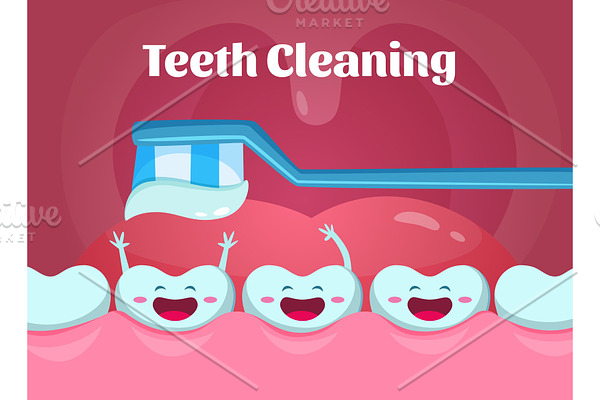 Cartoon illustrations of cute and funny teeth in mouth. Dental poster with toothbrush