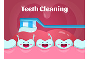 Cartoon illustrations of cute and funny teeth in mouth. Dental poster with toothbrush