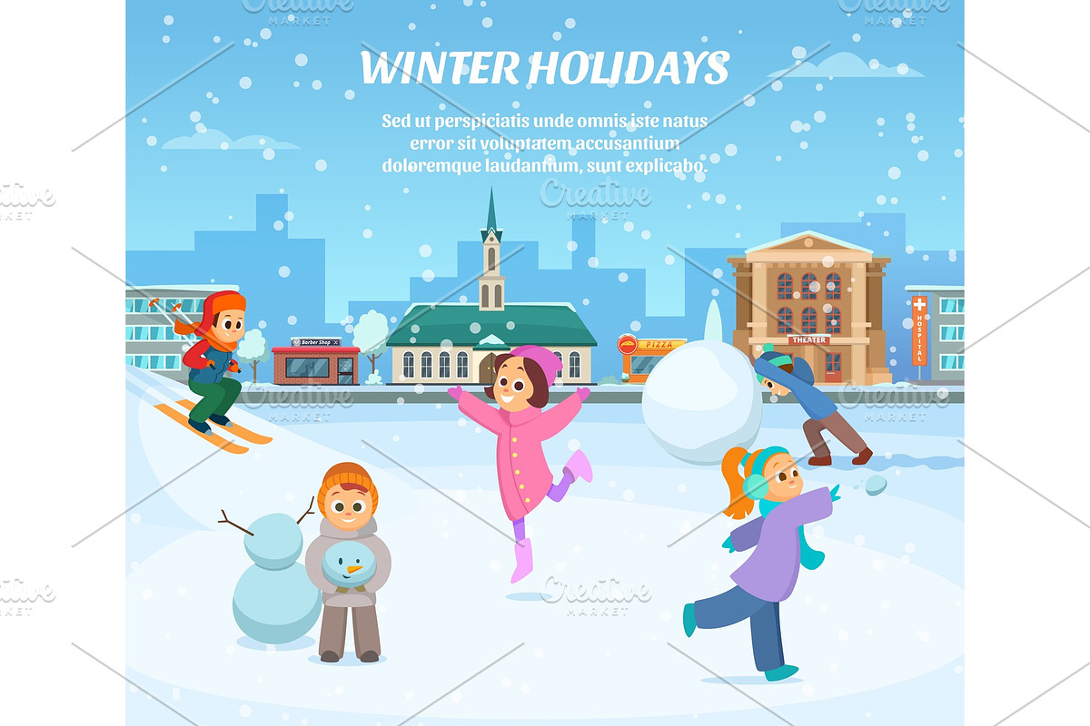 Winter games. Children in clothes playing in park. Outdoor landscape background in Graphics - product preview 8