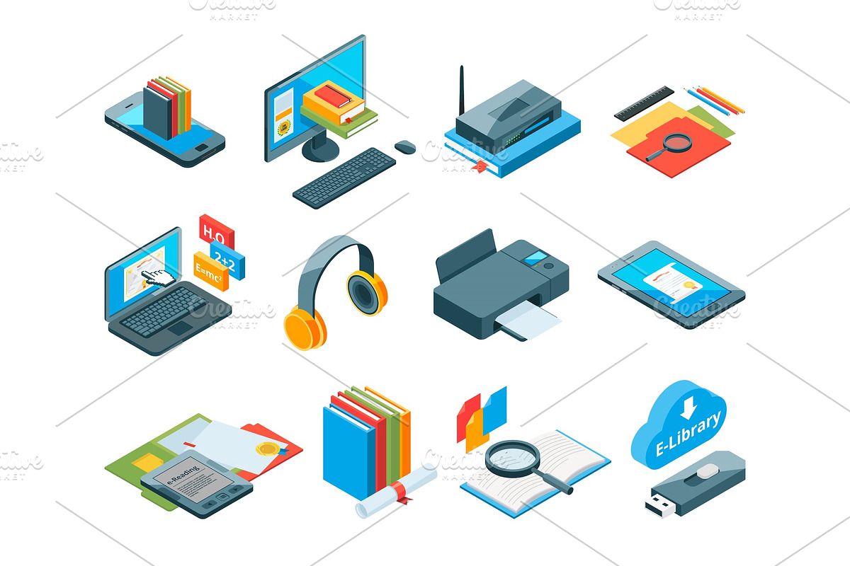 Isometric symbols of online education. Icons of e learning. Computer, laptop, smartphone and other gadgets for teaching in Graphics - product preview 8