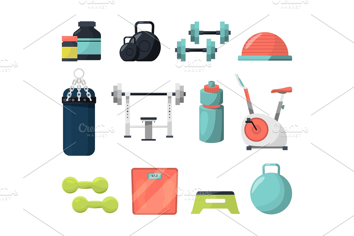 Different equipment for gym. Weight, gymnastic ball, dumbbells and other tools for powerlifting or bodybuilding in Graphics - product preview 8