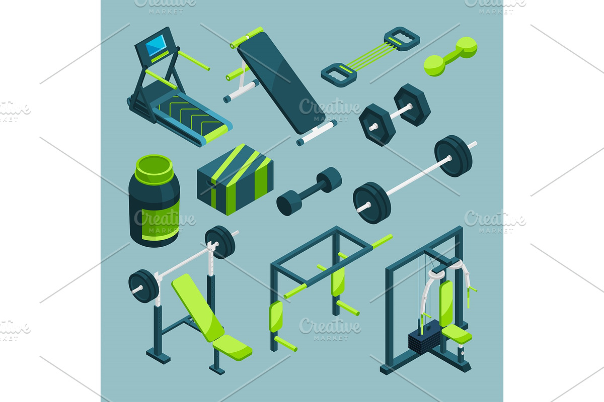 Sports equipment for gym. Vector isometric illustrations in Graphics - product preview 8