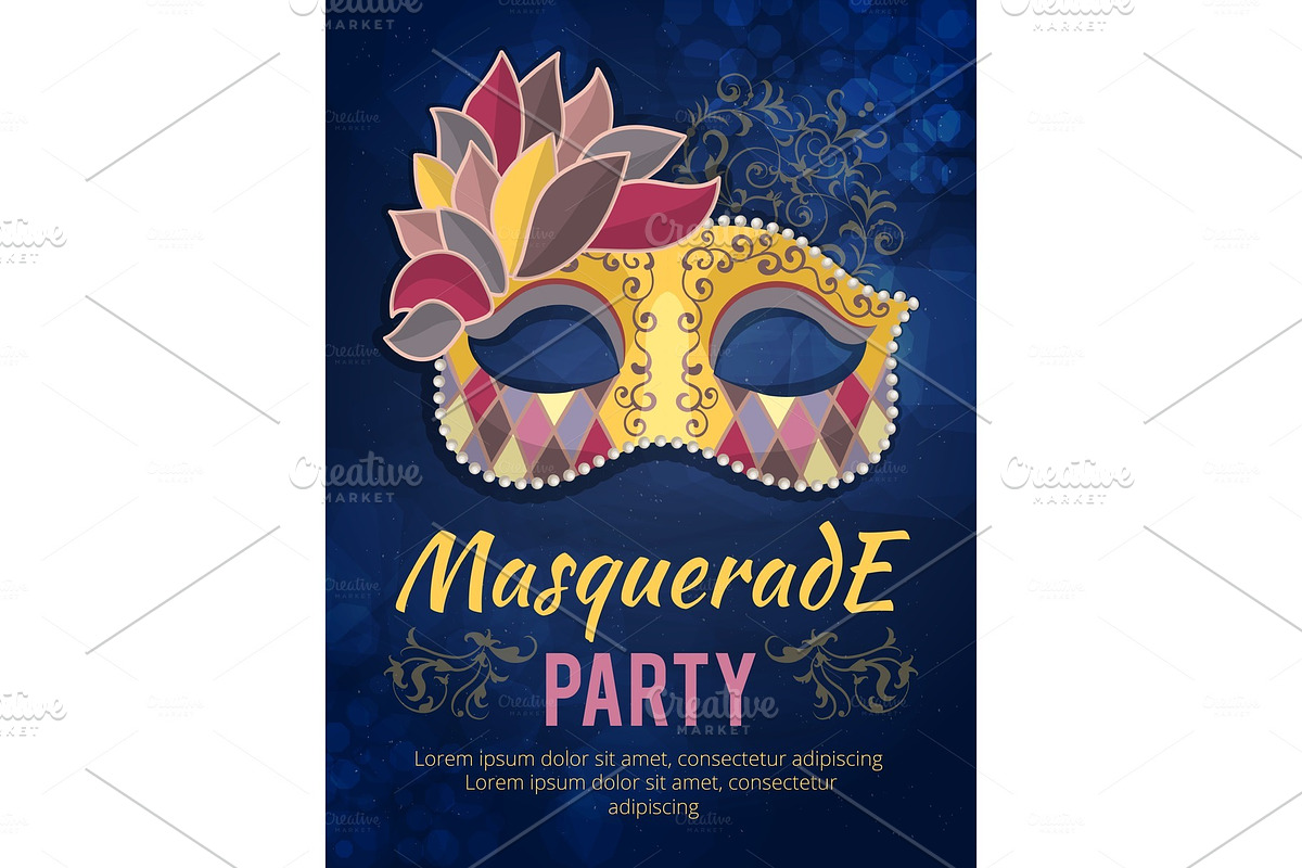 Beauty poster illustration of mask with feather. Design template invitation carnival party in Graphics - product preview 8