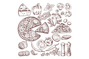 Italian pizza with different ingredients. Vector doodle set
