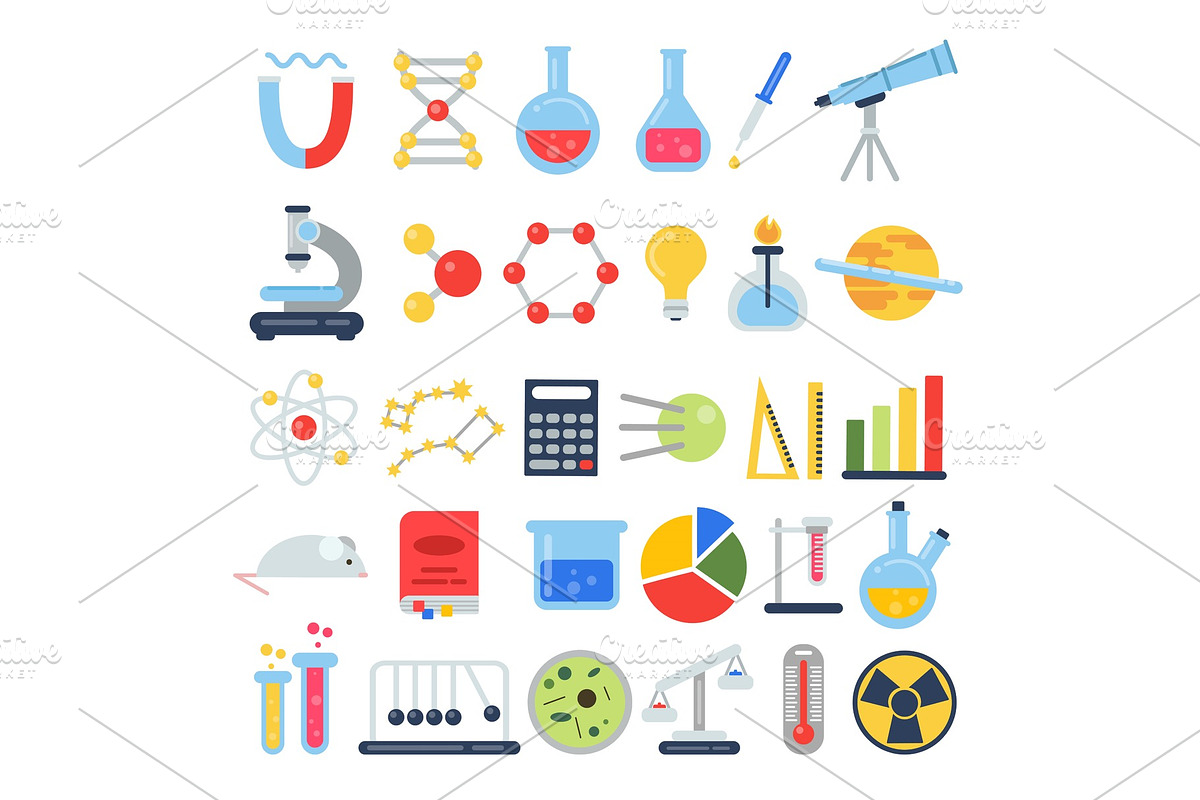 Scientific icon set. Science lab with different equipment. Vector pictures in flat style in Graphics - product preview 8