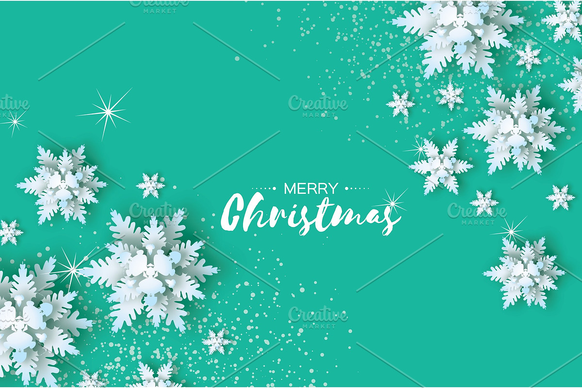 Origami Snowfall. Merry Christmas Greetings card. White Paper cut snow flake. Happy New Year. Winter snowflakes background. Space for text. Holidays. Blue background. Vector in Illustrations - product preview 8