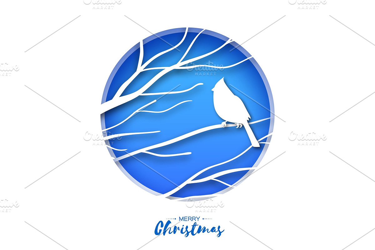 Red cardinal sitting on a branch. Merry Christmas Greeting Card.Bird sitting on a birches branch in paper cut style. Origami Fall winter. Happy holidays. Blue background. in Illustrations - product preview 8