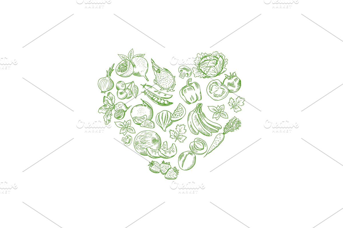 Vector sketched fresh vegetables and fruits set in shape of heart illustration in Illustrations - product preview 8