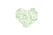 Vector sketched fresh vegetables and fruits set in shape of heart illustration