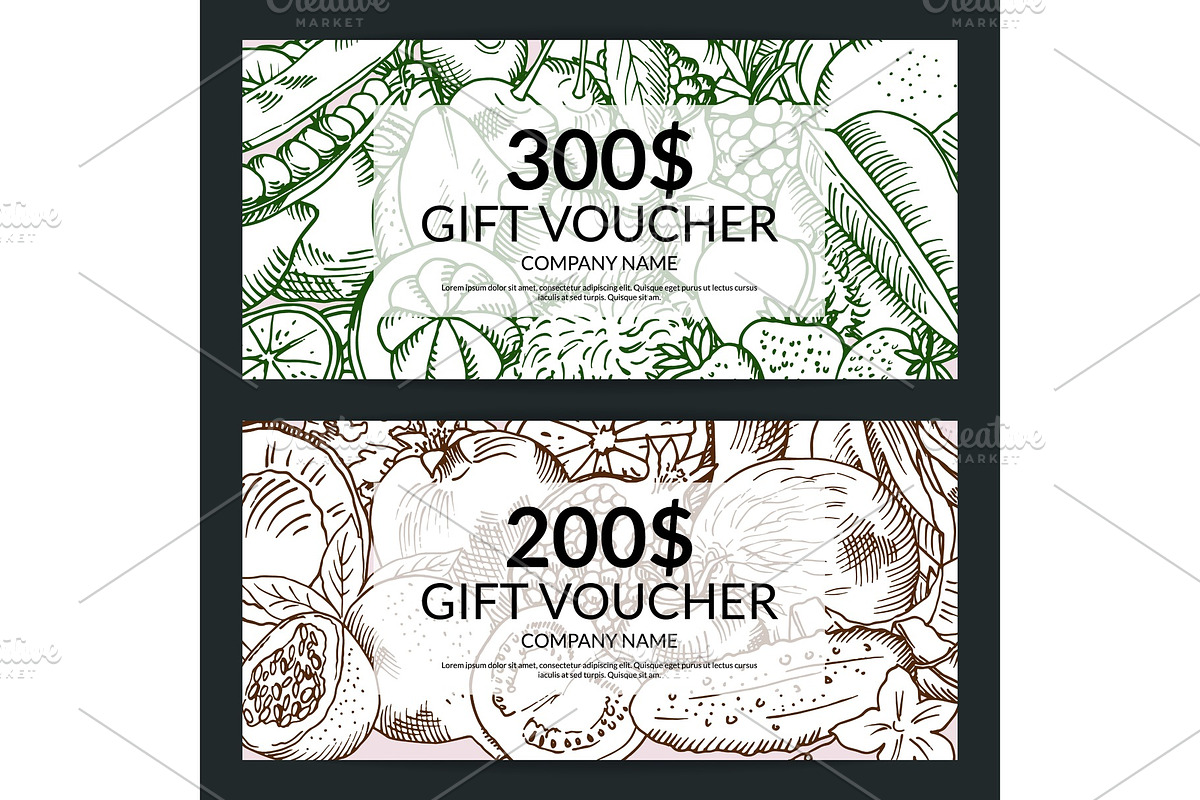 Vector vegan handdrawn fresh fruits and vegetables shopping voucher templates in Illustrations - product preview 8