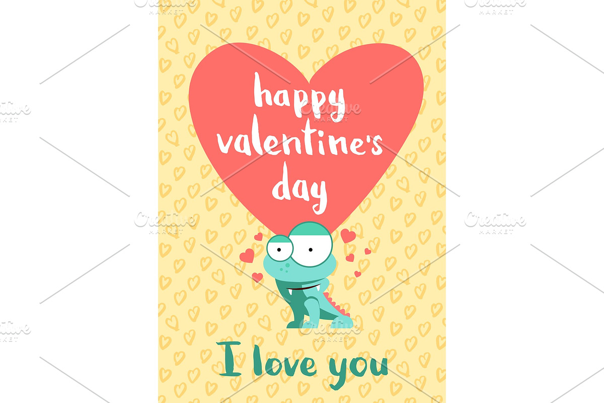 Vector Happy Valentines Day card with hearts, cute monster and lettering on hearts background in Illustrations - product preview 8