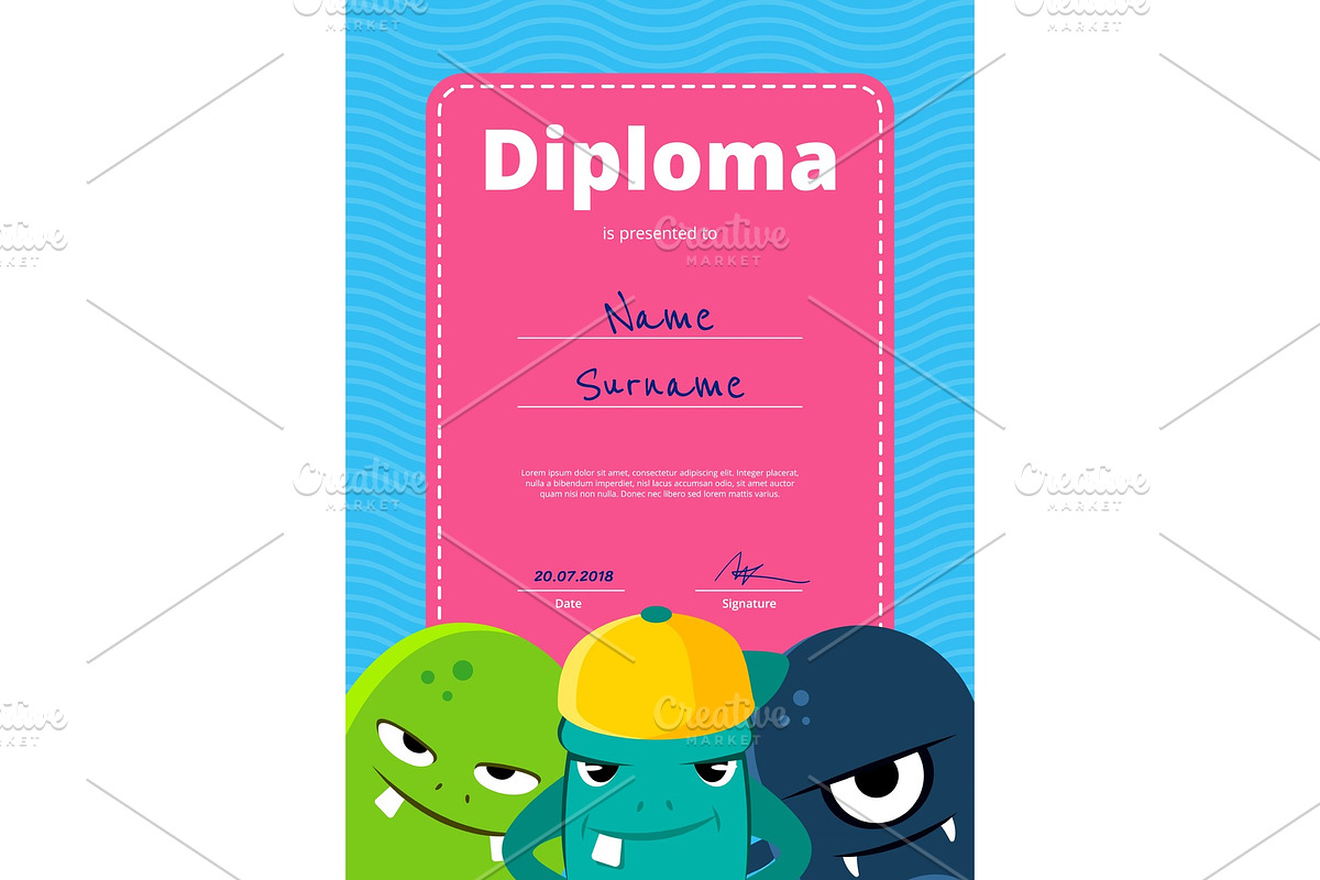 Vector children diploma or certificate with cute monsters on wavy background in Illustrations - product preview 8