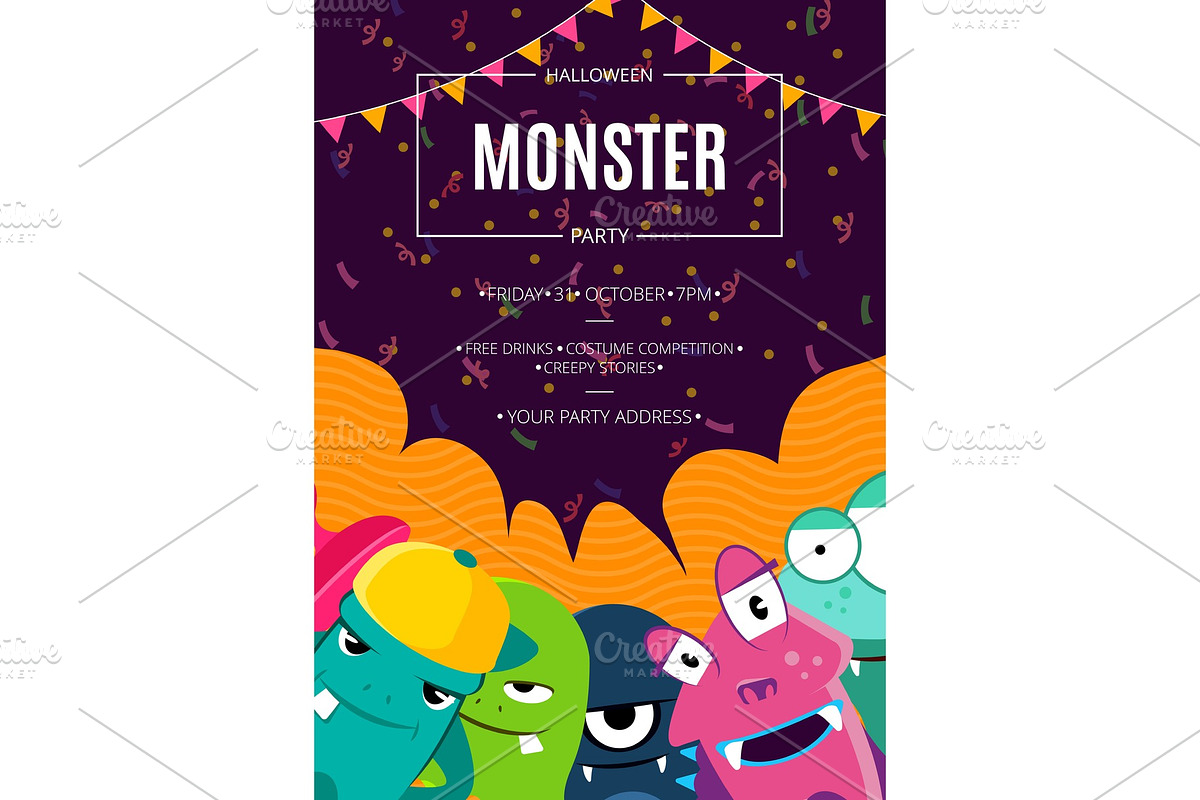 Vector Halloween party invitation poster with crowd of cute monsters, confetti and garlands in Illustrations - product preview 8