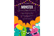 Vector Halloween party invitation poster with crowd of cute monsters, confetti and garlands