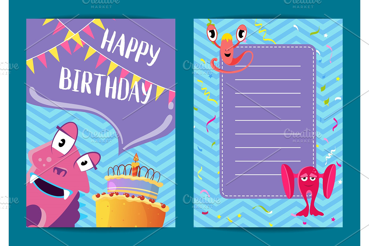 Vector happy birthday card template with cute cartoon monsters, cake, garlands in Illustrations - product preview 8