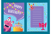 Vector happy birthday card template with cute cartoon monsters, cake, garlands