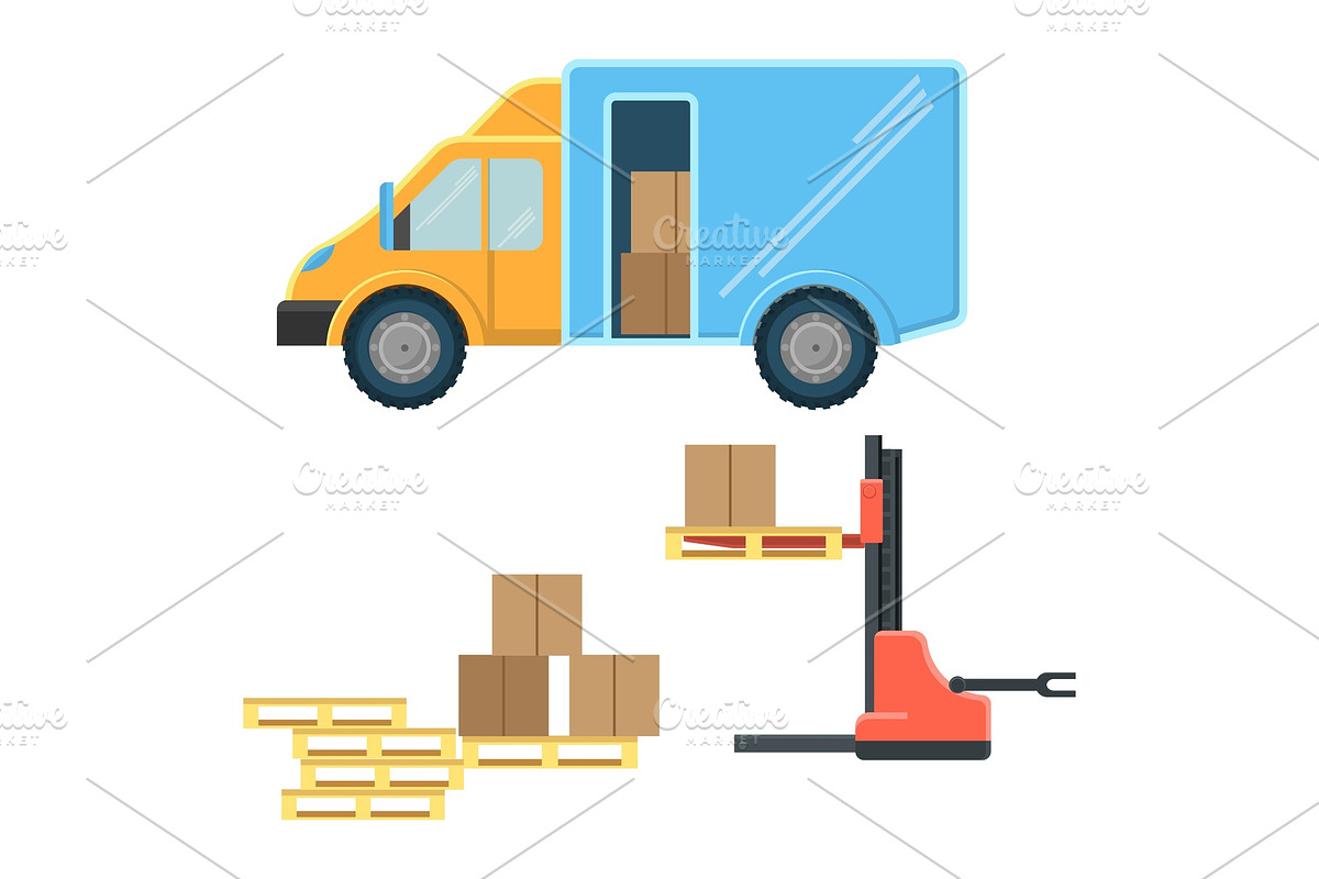 Delivery truck with postal packages and machine for cargo movement in Illustrations - product preview 8