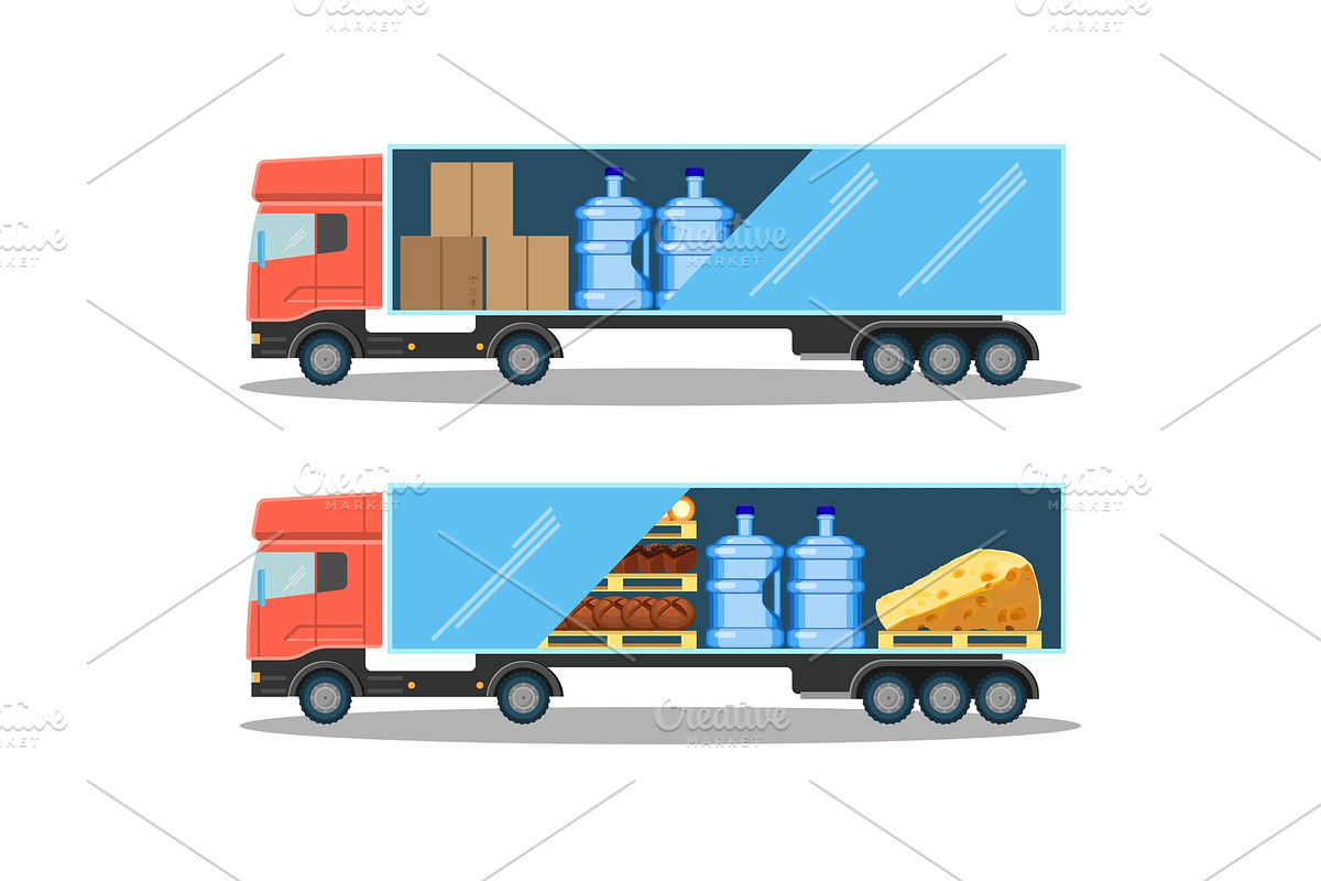 Large delivery truck with water bottles, cardboard boxes and food in Illustrations - product preview 8
