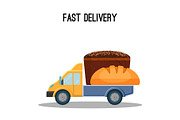 Fast delivery poster with black and white bread in trunk