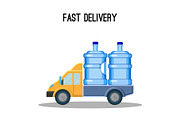 Fast delivery promo poster with trunk that carries water bottles