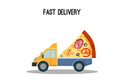 Fast delivery advertisement banner with huge piece of pizza