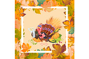 Cartoon thanksgiving turkey character in hat holding pumpkin and corn harvest, autumn holiday bird vector illustration background framed leaves and white frame