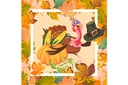 Cartoon thanksgiving turkey character in hat holding pumpkin and corn harvest, autumn holiday bird vector illustration background framed leaves and white frame