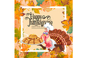 Cartoon thanksgiving turkey character holding pie, autumn holiday bird vector illustration happy greeting text on flyer or card on background leaves and white frame