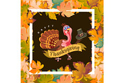 Cartoon thanksgiving turkey character holding hat, autumn holiday bird vector illustration happy greeting text on flyer or card on background