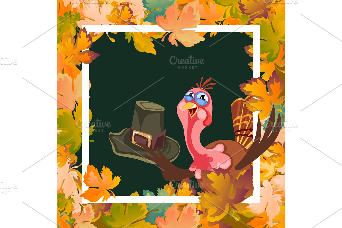 Cartoon thanksgiving turkey character holding hat, autumn holiday bird vector illustration happy greeting text on flyer or card on background in Illustrations - product preview 8
