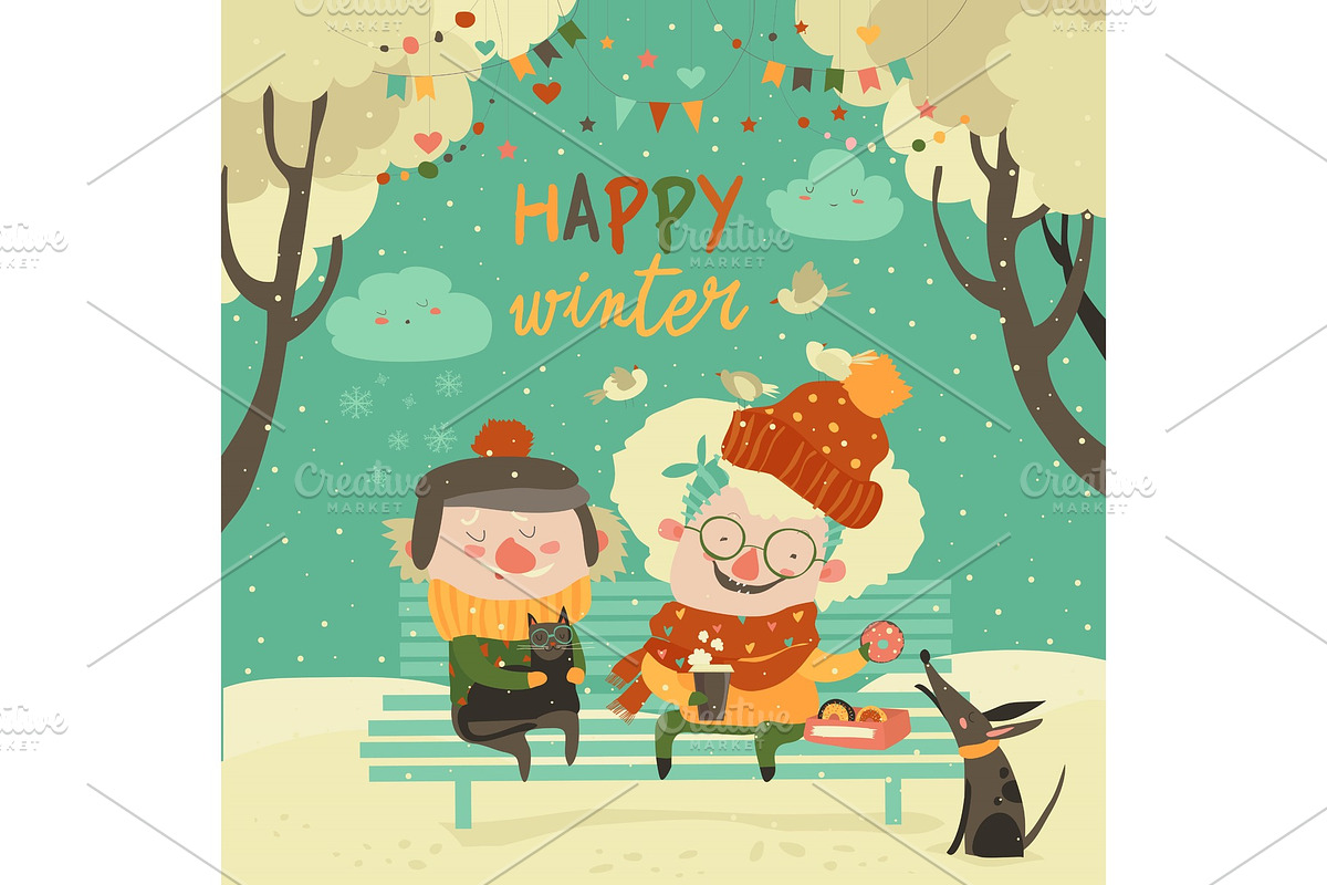 Funny grandmother and grandfather sitting with cat and dog in winter park in Illustrations - product preview 8