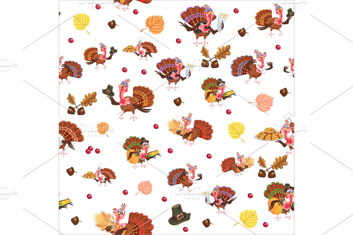 Seamless pattern cartoon thanksgiving turkey character in hat with harvest, leaves, acorns, corn, autumn holiday bird vector illustration background for fabric textile or wrapping in Illustrations - product preview 8