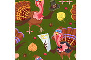 Seamless pattern cartoon thanksgiving turkey character in hat with harvest, leaves, acorns, corn, autumn holiday bird vector illustration background for fabric textile or wrapping