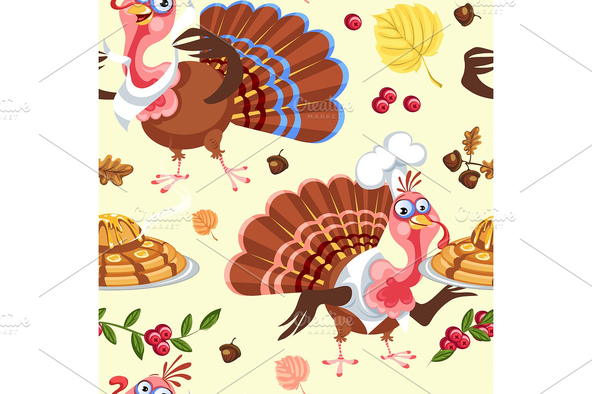 Seamless pattern cartoon thanksgiving turkey character in hat with harvest, leaves, acorns, corn, autumn holiday bird vector illustration background for fabric textile or wrapping in Illustrations - product preview 8