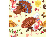 Seamless pattern cartoon thanksgiving turkey character in hat with harvest, leaves, acorns, corn, autumn holiday bird vector illustration background for fabric textile or wrapping