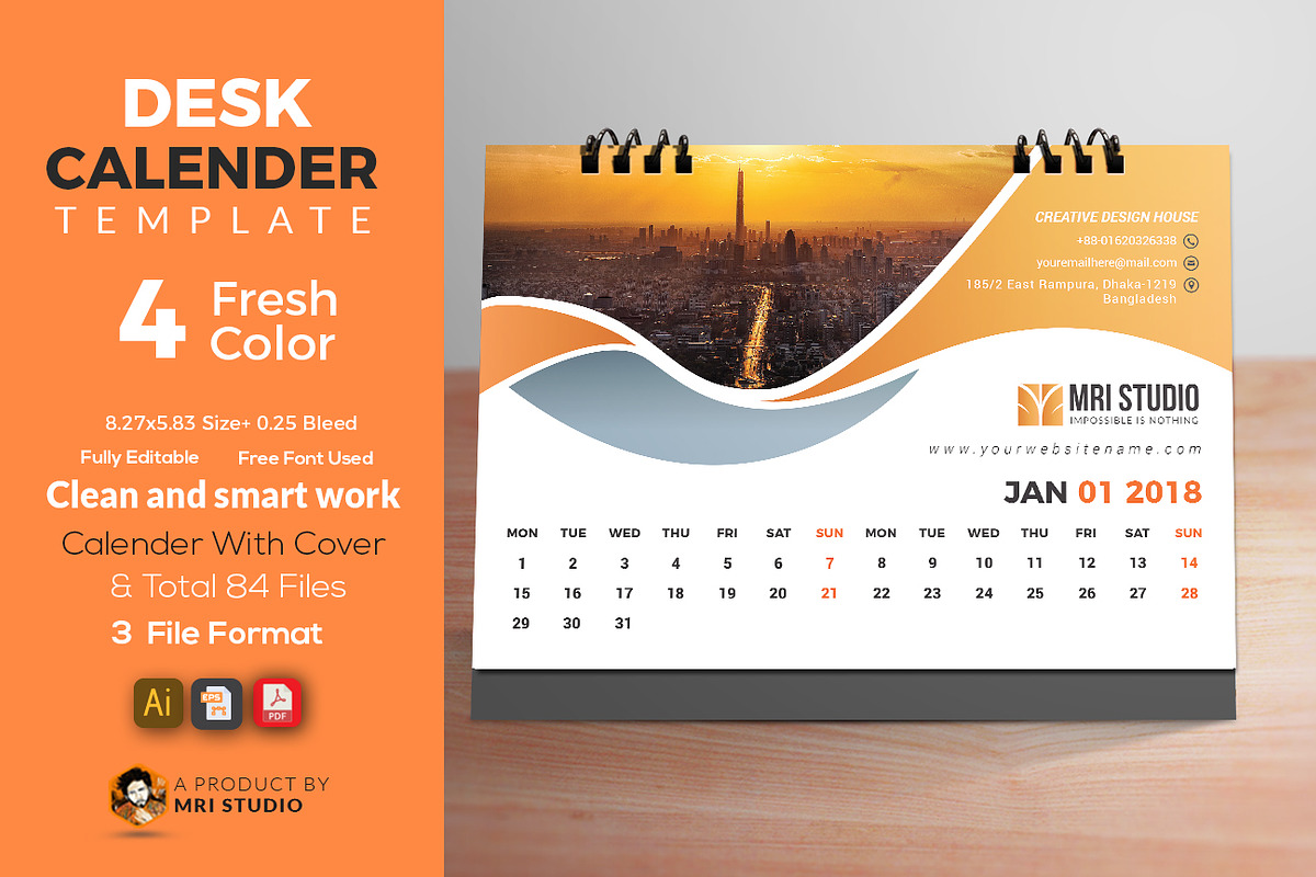 DESK Calander Template 2018 in Stationery Templates - product preview 8